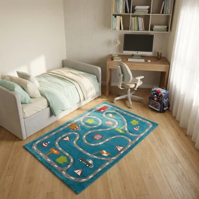 שטיח ילדים כבישים כחול אפור, Cozy Israeli Children's Bedroom, styled props, Realistic Interior Photography, Dreamy Morning...