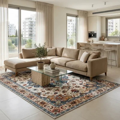 שטיח וינטג' קשמיר 457, Scandi Neutrals, Soft Window Light, styled props.
