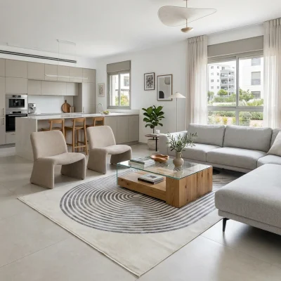 שטיח אלמנט 3005 SALE, lifestyle props, Refined Contemporary Israeli Aesthetic, Dreamy Morning Glow.