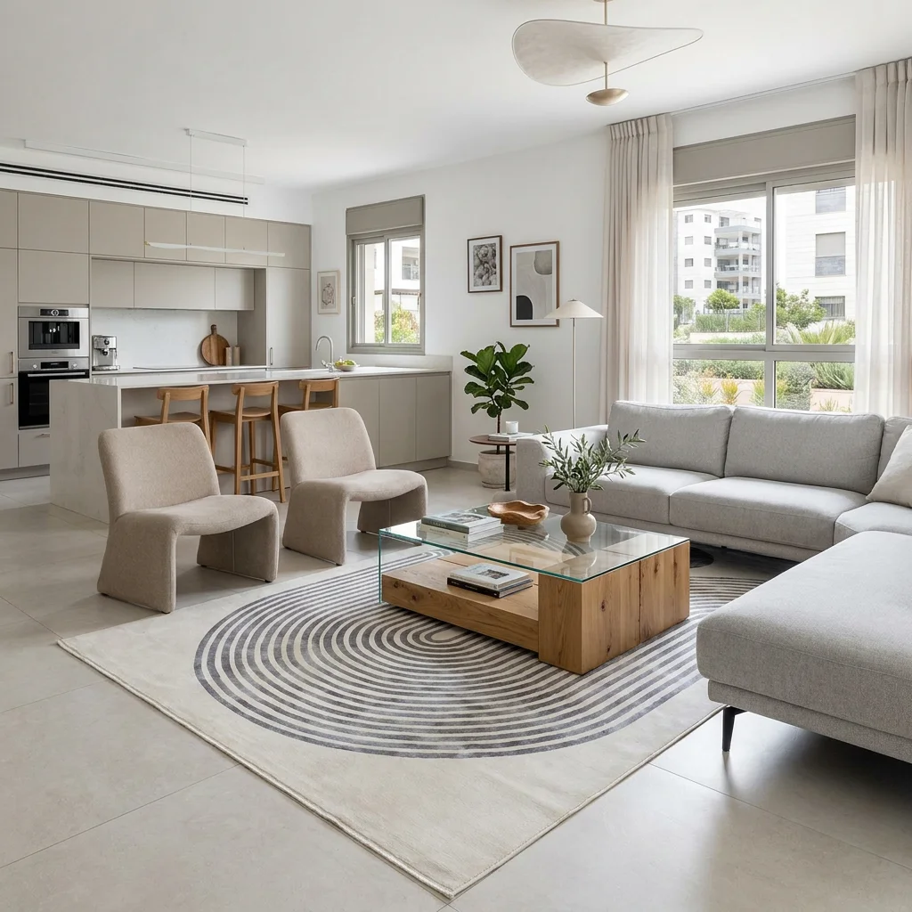 שטיח אלמנט 3005 SALE, lifestyle props, Refined Contemporary Israeli Aesthetic, Dreamy Morning Glow.