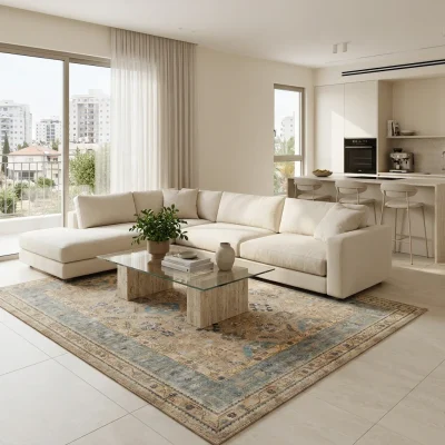 שטיח וינטג' 2044-00, Scandi Neutrals, Soft Window Light, styled props.