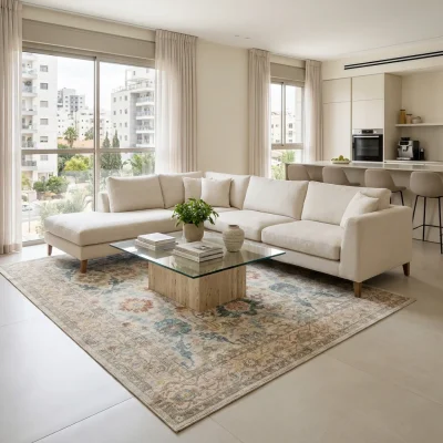 שטיח וינטג' 2007-05, Scandi Neutrals, Soft Window Light, styled props.