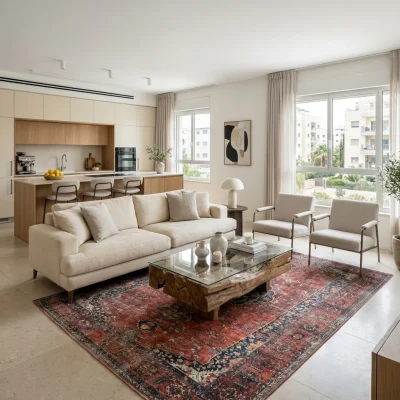 שטיח וינטג' אדום דלמן 5070, Open-plan living room in a high-quality Israeli home in central Israel, Soft Window Light, lif...