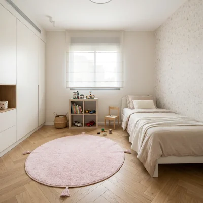 שטיח ילדים בונבון פודרה חלק עגול, Israeli Children's Bedroom, Scandi Neutrals, lifestyle props, Soft Window Light.
