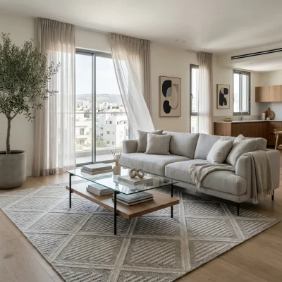 שטיח לולאות דגם COZY 03 אפור קרם, Scandi Neutrals, Soft Window Light, lifestyle props.