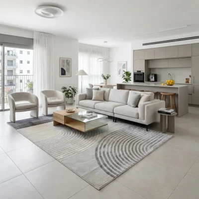 שטיח אלמנט 3004 SALE, lifestyle props, Refined Contemporary Israeli Aesthetic, Dreamy Morning Glow.