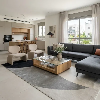 שטיח אלמנט 3003 SALE, lifestyle props, Refined Contemporary Israeli Aesthetic, Dreamy Morning Glow.