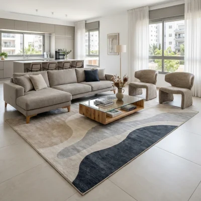 שטיח אלמנט 3002, lifestyle props, Refined Contemporary Israeli Aesthetic, Dreamy Morning Glow.
