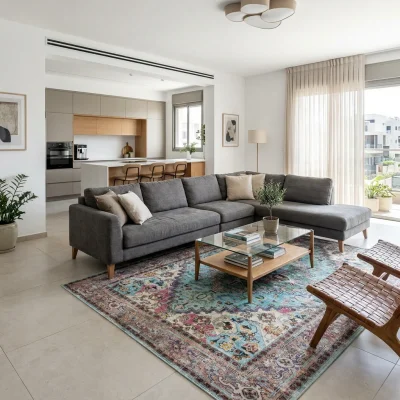שטיח וינטג' מדליון תכלת 2998-01, Modern Israeli Living Room, lifestyle props, Refined Contemporary Israeli Aesthetic, Drea...
