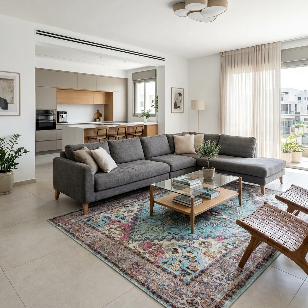 שטיח וינטג' מדליון תכלת 2998-01, Modern Israeli Living Room, lifestyle props, Refined Contemporary Israeli Aesthetic, Drea...