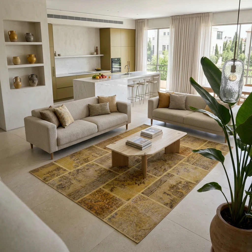 טלאים צהוב עבודת יד, Curated Artisanal Modern, Soft Mediterranean afternoon daylight, lifestyle props.