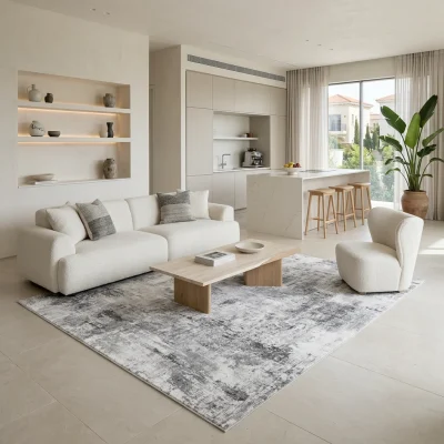 שטיח מודרני אבסטרקט ויולה אפור 1525-11 XXL, Spacious open-plan contemporary Israeli living room with integrated kitchen, S...