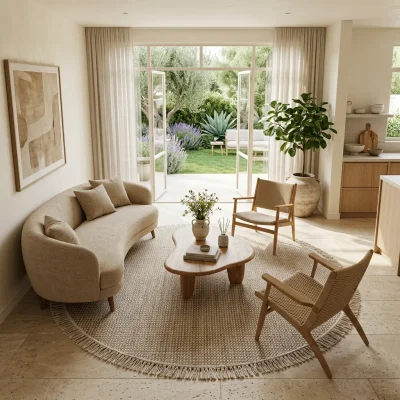 שטיח בנגל לולאות דאבל משולב אפרפר קרם עגול, Israeli Garden Apartment, lifestyle props, Soft, sunny daylight filtering thro...