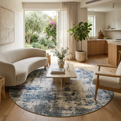 שטיח עגול לגוס 09 LAGOS, Israeli Garden Apartment, lifestyle props, Soft, sunny daylight filtering through large glass doo...