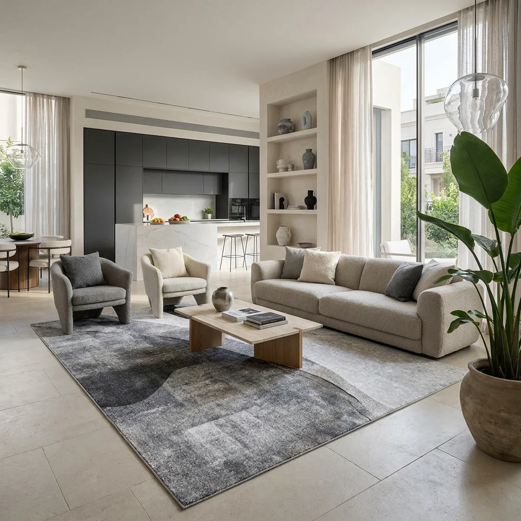 שטיח לוקה LUCCA 810, Curated Artisanal Modern, Soft Mediterranean afternoon daylight, lifestyle props.