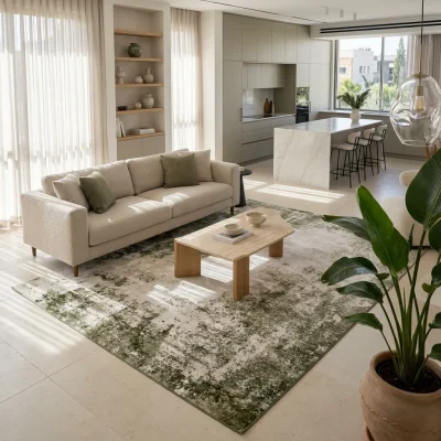 שטיח מארה גוון אוליב MARA 392, Curated Artisanal Modern, Soft Mediterranean afternoon daylight, lifestyle props.
