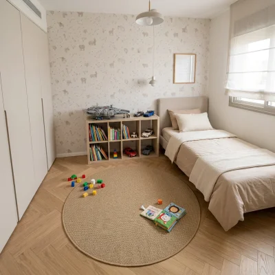 שטיח עגול ונטורה 2702, Israeli Children's Bedroom, Scandi Neutrals, lifestyle props, Soft Window Light.