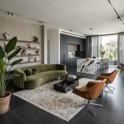 שטיח סופר וינטג׳ PERU 14, Contemporary Israeli Open-Plan Living Room, excessive props, Bold, artistic modern eclectic, Sof...