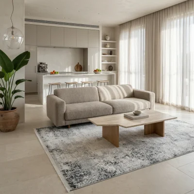 שטיח מודרני EVITA גריי 2988, Curated Artisanal Modern, Soft Mediterranean afternoon daylight, lifestyle props.