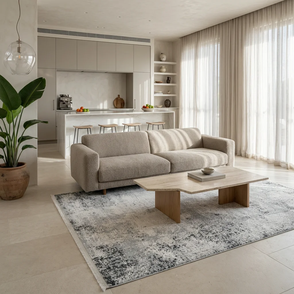 שטיח מודרני EVITA גריי 2988, Curated Artisanal Modern, Soft Mediterranean afternoon daylight, lifestyle props.