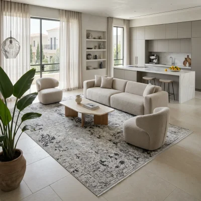 שטיח מודרני אפור דוגמא קלאסית דגם אלור 8700, Curated Artisanal Modern, Soft Mediterranean afternoon daylight, lifestyle props.