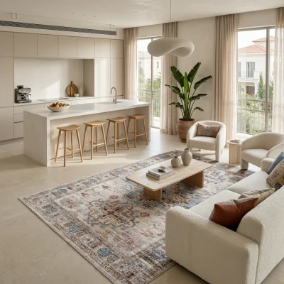 שטיח וינטג' מדליון 5515-00 XXL, Spacious open-plan contemporary Israeli living room with integrated kitchen, Soft, natural...