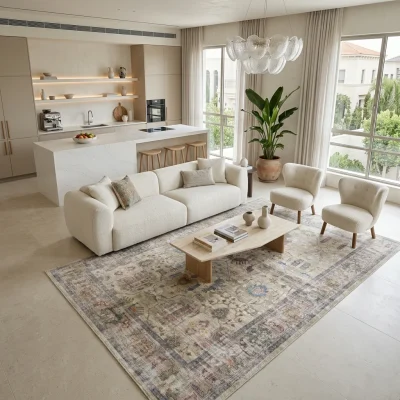 שטיח וינטג' 2089-01 XXL, Spacious open-plan contemporary Israeli living room with integrated kitchen, Soft, natural Medite...