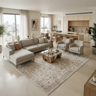 שטיח סופר וינטג׳ PERU 10, lifestyle props, Contemporary Israeli Penthouse Luxury, Soft Window Light.