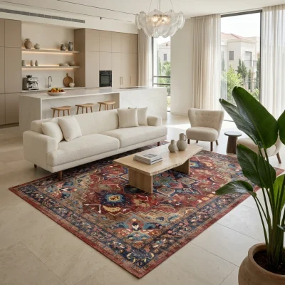 שטיח וינטג' קשמיר 188 XXL, Spacious open-plan contemporary Israeli living room with integrated kitchen, Soft, natural Medi...