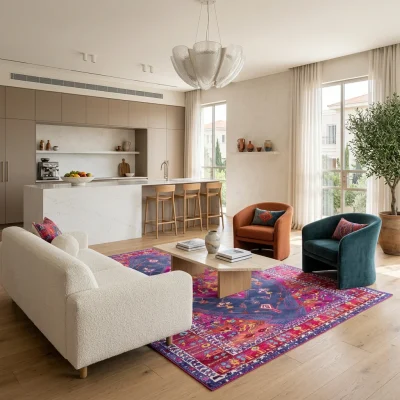 שטיח וינטג' אנקרה 3556-13 XXL, Spacious open-plan contemporary Israeli living room with integrated kitchen, Soft, natural ...