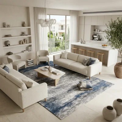 שטיח מודרני אבסטרקט מילאנו 05 1645-01 XXL, Spacious open-plan contemporary Israeli living room with integrated kitchen, So...