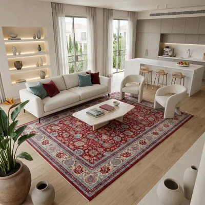 שטיח אדום בדוגמא קלאסית 1966-03 XXL, Spacious open-plan contemporary Israeli living room with integrated kitchen, Soft, na...