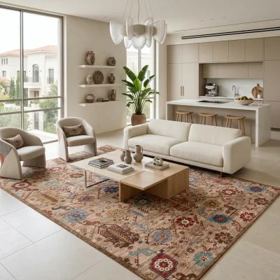 שטיח וינטג' דוגמת קזאק בז' 2087-04 XXL, Spacious open-plan contemporary Israeli living room with integrated kitchen, Soft,...