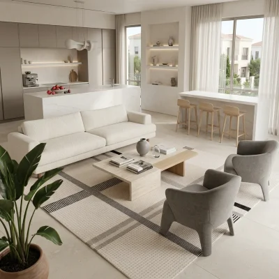 שטיח מודרני XXL ELEMENT 4675-00, Spacious open-plan contemporary Israeli living room with integrated kitchen, Soft, natura...