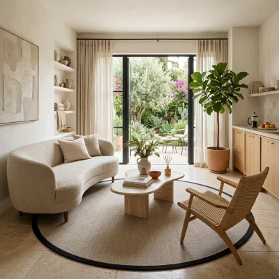 שטיח עגול ונטורה מסגרת L.BEIGE 2703, Israeli Garden Apartment, lifestyle props, Soft, sunny daylight filtering through lar...
