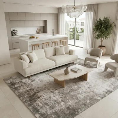 שטיח מארה גוון אפורXXL MARA 392, Spacious open-plan contemporary Israeli living room with integrated kitchen, Soft, natura...