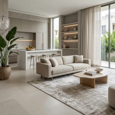שטיח מודרני אבסטרקט 3B, Curated Artisanal Modern, Soft Mediterranean afternoon daylight, lifestyle props.