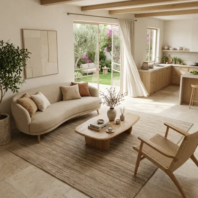 שטיח חבל/צמר טבעי מעוצב בהיר 24, Israeli Garden Apartment, lifestyle props, Soft, sunny daylight filtering through large g...