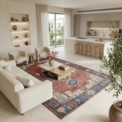 שטיח וינטג' קפדוקיה 3611-00 XXL, Spacious open-plan contemporary Israeli living room with integrated kitchen, Soft, natura...