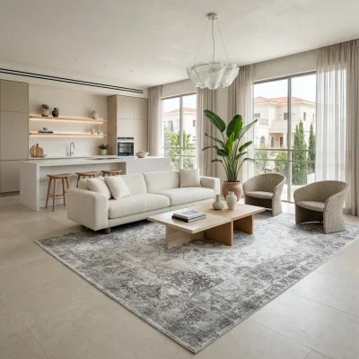 שטיח וינטג' מילאנו מדליון אפרפר 1024 XXL, Spacious open-plan contemporary Israeli living room with integrated kitchen, Sof...