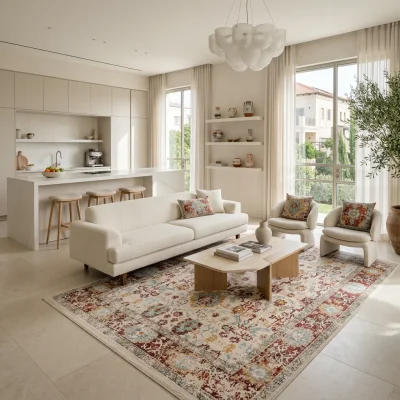 שטיח וינטג' קשמיר 327 XXL, Spacious open-plan contemporary Israeli living room with integrated kitchen, Soft, natural Medi...