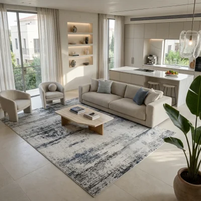 שטיח מודרני 434-02, Curated Artisanal Modern, Soft Mediterranean afternoon daylight, lifestyle props.