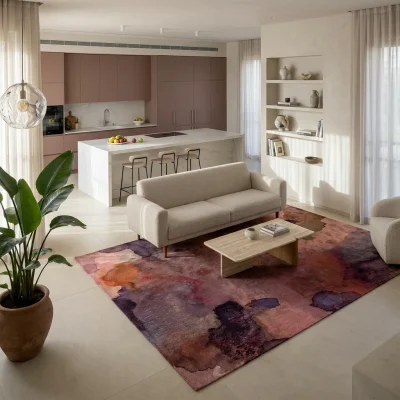 שטיח מודרני TAI DAI דובדבן 4051-00, Curated Artisanal Modern, Soft Mediterranean afternoon daylight, lifestyle props.