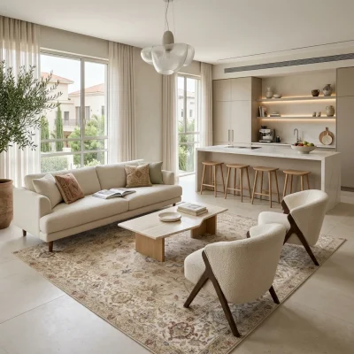 שטיח וינטג' 5415-01 XXL, Spacious open-plan contemporary Israeli living room with integrated kitchen, Soft, natural Medite...