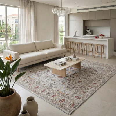 שטיח וינטג' דוגמא קלאסית 1992-01 XXL, Spacious open-plan contemporary Israeli living room with integrated kitchen, Soft, n...