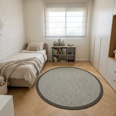 שטיח עגול ונטורה מסגרת 2705 GREY, Israeli Children's Bedroom, Scandi Neutrals, lifestyle props, Soft Window Light.