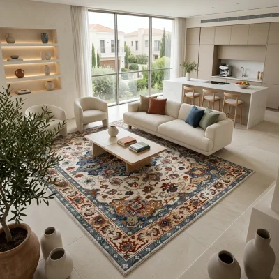 שטיח וינטג' קשמיר 457 XXL, Spacious open-plan contemporary Israeli living room with integrated kitchen, Soft, natural Medi...