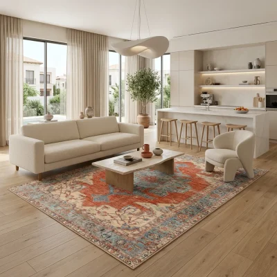 שטיח וינטג' 5525-00 XXL, Spacious open-plan contemporary Israeli living room with integrated kitchen, Soft, natural Medite...
