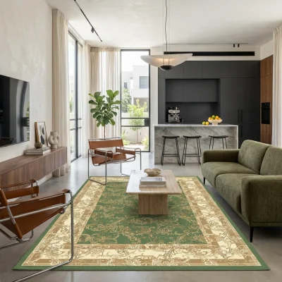 שטיח וינטג' קשמיר 70, Contemporary Israeli open-plan living room with integrated kitchen, High-End Eclectic Israeli Modern...