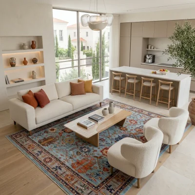 שטיח וינטג' אפור תכלת 2087-01 XXL, Spacious open-plan contemporary Israeli living room with integrated kitchen, Soft, natu...